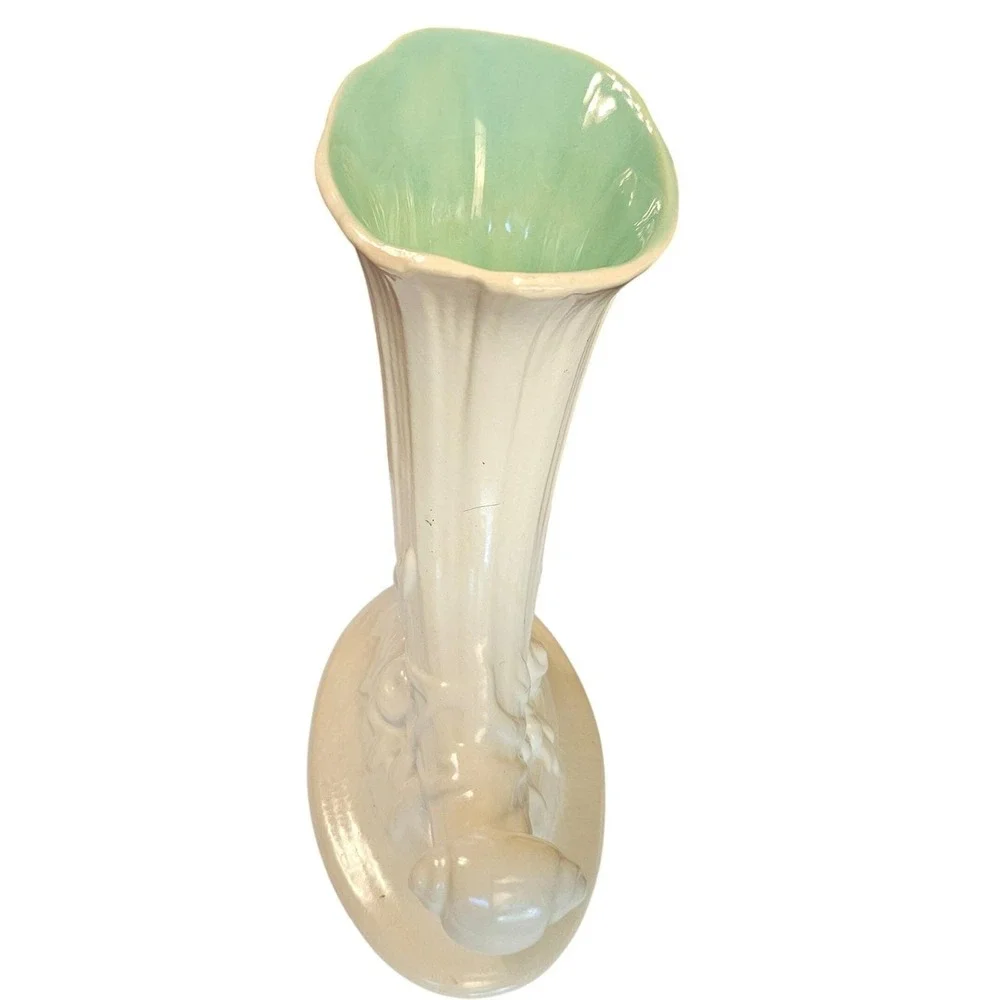 Vintage Red Wing Pottery‎ Cornucopia Vase 413 Ivory and Seafoam Green USA Made